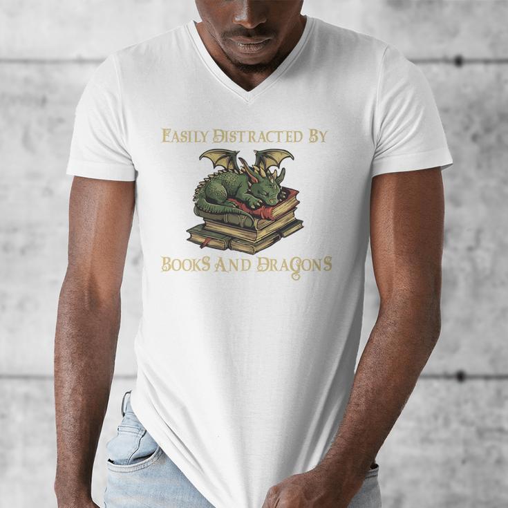 Easily Distracted By Books And Dragons Graphic Premium Men's V-Neck T-Shirt Easily Distracted By Books And Dragons Graphic Premium Men's V-Neck T-Shirt