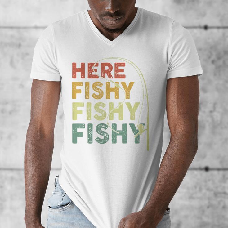 Fishing Here-Fishy Bass Fish Dad Men's V-Neck T-Shirt