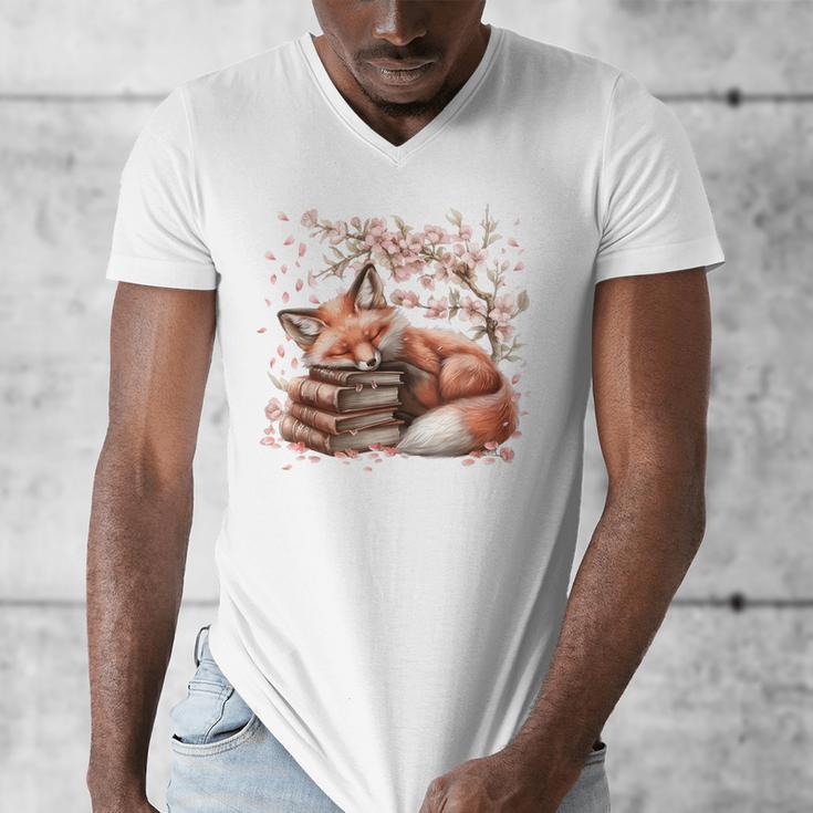 Fox And Book Lover Graphic For Women And Spring Pink Flower Men's V-Neck T-Shirt