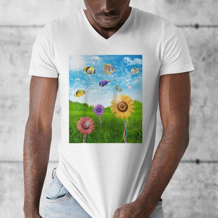 Frutiger Aero Aesthetic Tech Scenery Fishes Sunflower Raglan Baseball Tee Men's V-Neck T-Shirt Frutiger Aero Aesthetic Tech Scenery Fishes Sunflower Raglan Baseball Tee Men's V-Neck T-Shirt