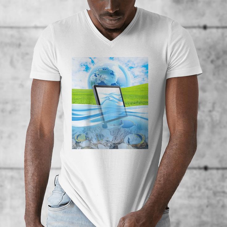 Frutiger Aero Aesthetic Tech Water Fishes Monitor Screen Raglan Baseball Tee Men's V-Neck T-Shirt Frutiger Aero Aesthetic Tech Water Fishes Monitor Screen Raglan Baseball Tee Men's V-Neck T-Shirt