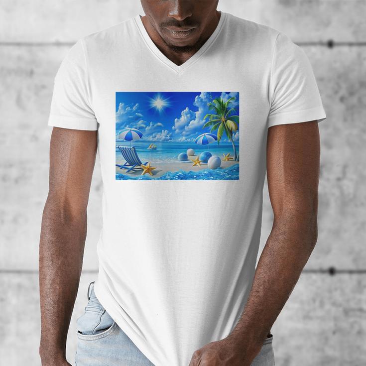 Frutiger Aero Beach Y2k Aesthetic Palm Tree Sand Ocean Premium Men's V-Neck T-Shirt