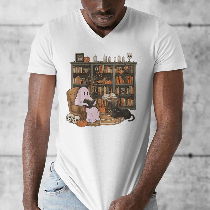 Ghost Reading Book Cat Lover Halloween Reading Enthusiast Men's V-Neck T-Shirt Ghost Reading Book Cat Lover Halloween Reading Enthusiast Men's V-Neck T-Shirt