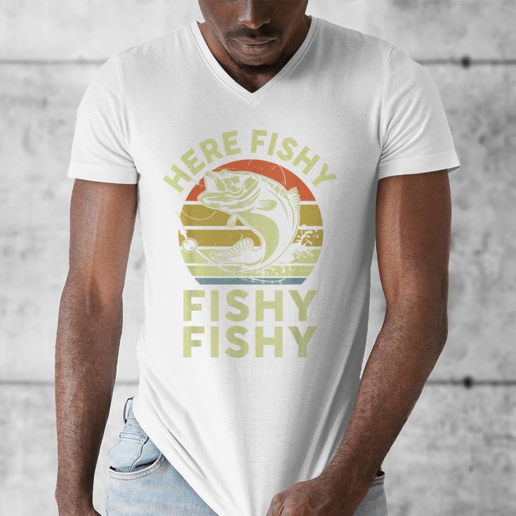 Here-Fishy Fishing Boy Large Mouth Bass Dad Men's V-Neck T-Shirt Here-Fishy Fishing Boy Large Mouth Bass Dad Men's V-Neck T-Shirt