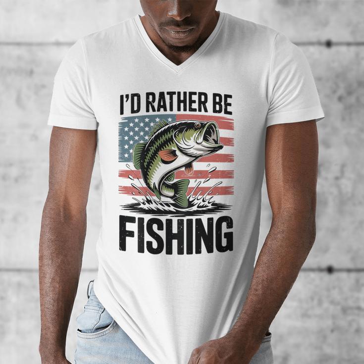 I'd Rather Be Fishing Bass Fish Dad Joke American Flag Men's V-Neck T-Shirt I'd Rather Be Fishing Bass Fish Dad Joke American Flag Men's V-Neck T-Shirt