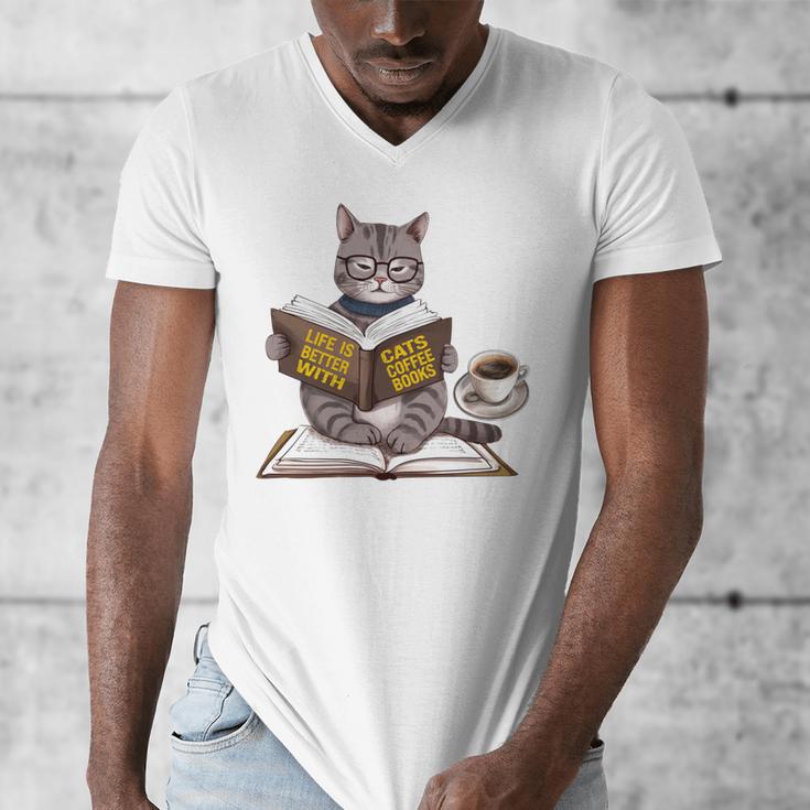 Life Is Better With Cats Coffee Books Cat Reading Book Men's V-Neck T-Shirt