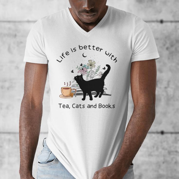 Life Is Better With Tea Cats And Books Cat Sayings Men's V-Neck T-Shirt Life Is Better With Tea Cats And Books Cat Sayings Men's V-Neck T-Shirt