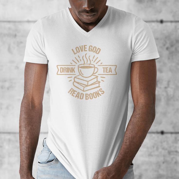 Love God Drink Tea Read Books Lovers Vintage Christian Men's V-Neck T-Shirt