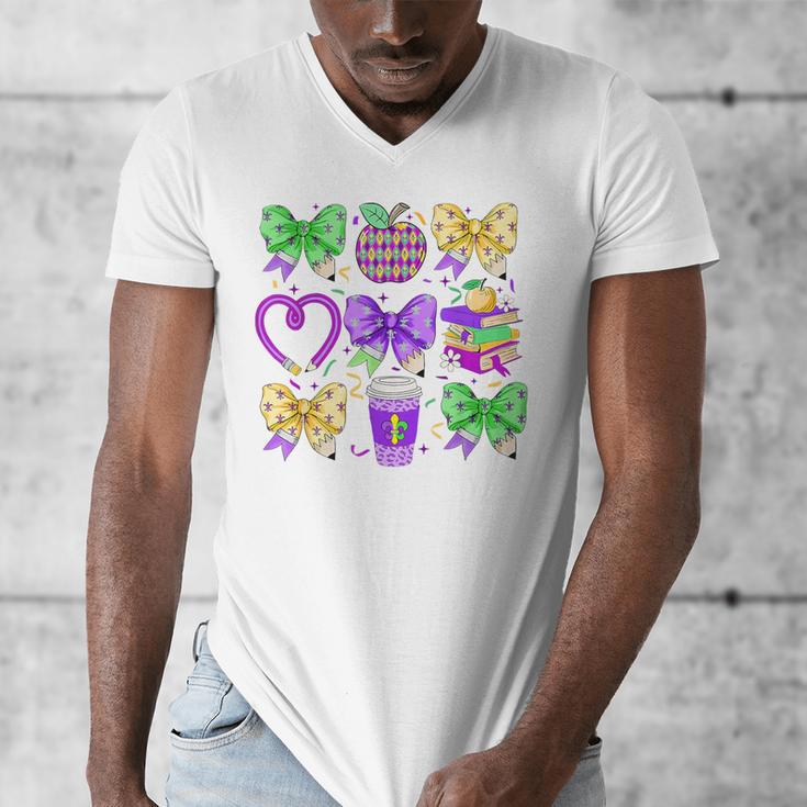 Mardi Gras Teacher Coquette Bow Pencil Apple Book Women Girl Men's V-Neck T-Shirt