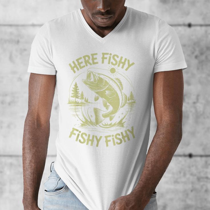 Men Here-Fishy Bass Fish Dad Fishing From Daughter Son Men's V-Neck T-Shirt