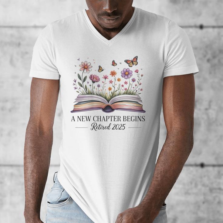 a New Chapter Begins Retired 2025 Floral Book Retirement Men's V-Neck T-Shirt
