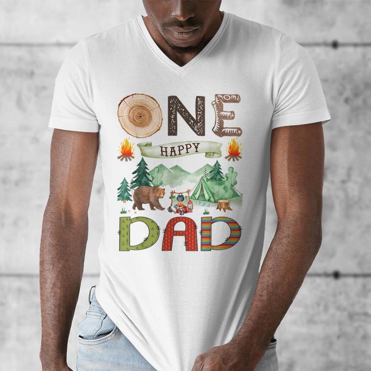 One Happy Dad Camper 1st Birthday Boy Camping Bear Men's V-Neck T-Shirt