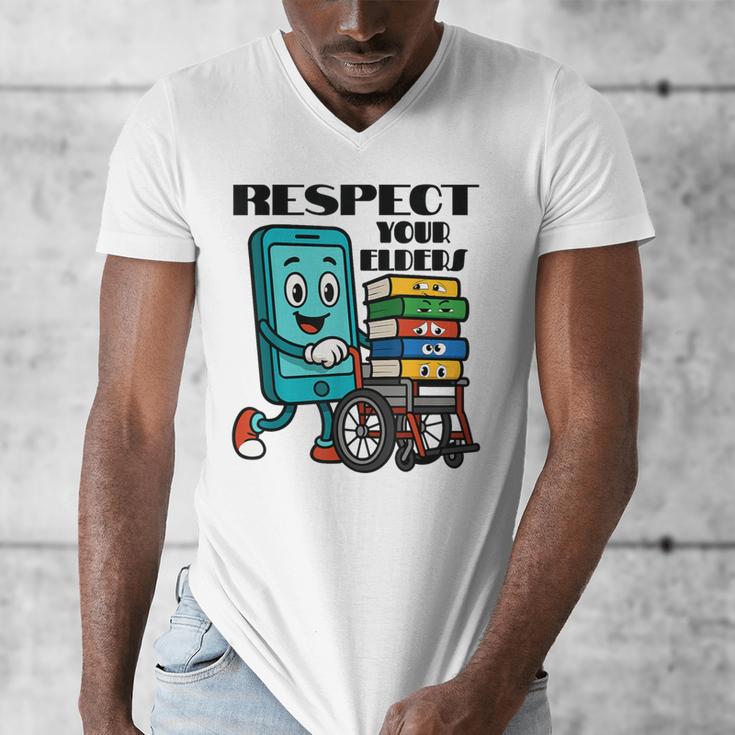 Respect Elders Cellphone Pushing Books In a Wheelchair Men's V-Neck T-Shirt Respect Elders Cellphone Pushing Books In a Wheelchair Men's V-Neck T-Shirt
