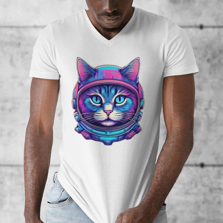 Retro 80s Cat In Space Suit Nostalgia Cat Vintage Astronaut Men's V-Neck T-Shirt