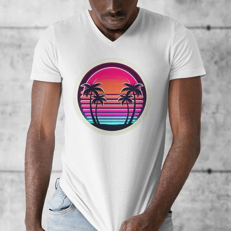 Retro 80s Synthwave Sunset & Palm Trees Retro Nostalgia 80s Men's V-Neck T-Shirt