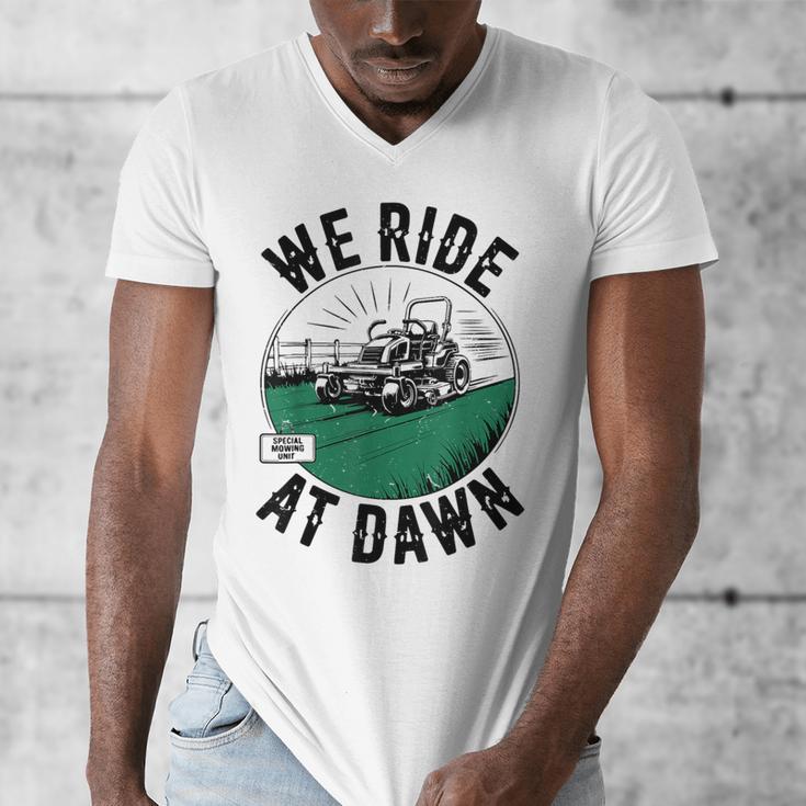 We Ride At Dawn Lawn Mower Zero-Turn Dad Mowing Men's V-Neck T-Shirt