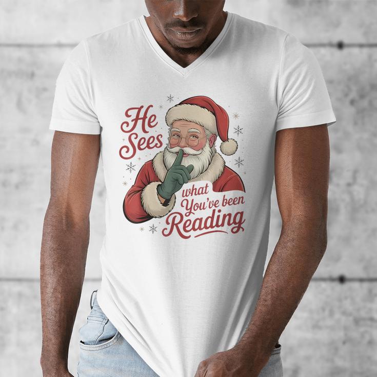 He Sees What You'Ve Been Reading Bookish Christmas Humor Men's V-Neck T-Shirt