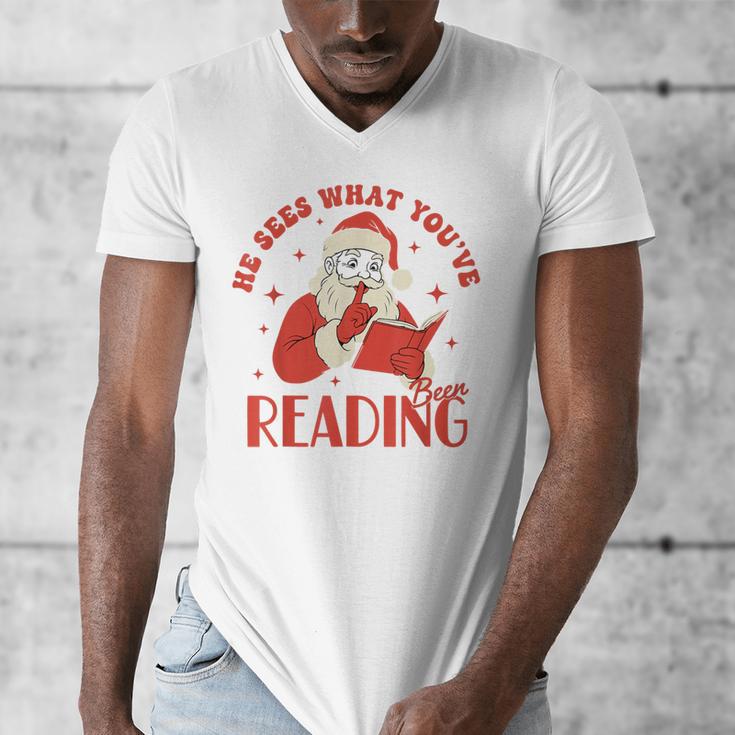 He Sees What You'Ve Been Reading Santa Book Men's V-Neck T-Shirt