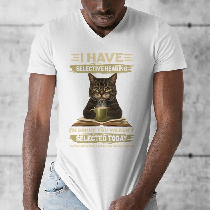 i Have Selective Hearing Cat Coffee Books Retro Men's V-Neck T-Shirt