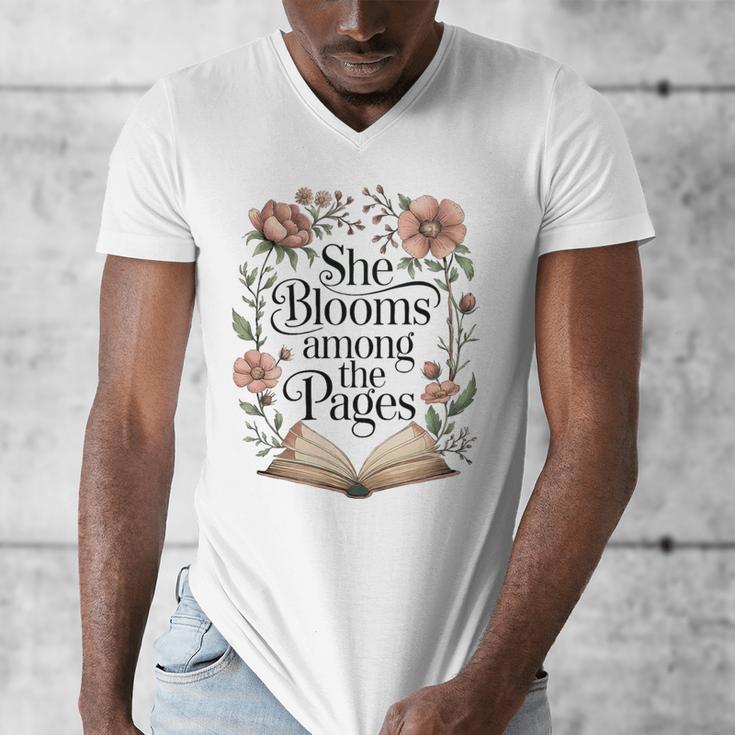 She Blooms Among The Pages Women Mom Wife Floral Book Lover Premium Tri-Blend Men's V-Neck T-Shirt She Blooms Among The Pages Women Mom Wife Floral Book Lover Premium Tri-Blend Men's V-Neck T-Shirt
