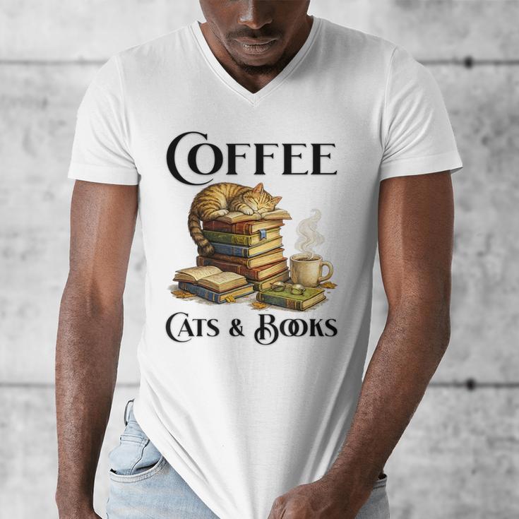 Sleeping Cat And Books With Coffee Lover Men's V-Neck T-Shirt Sleeping Cat And Books With Coffee Lover Men's V-Neck T-Shirt