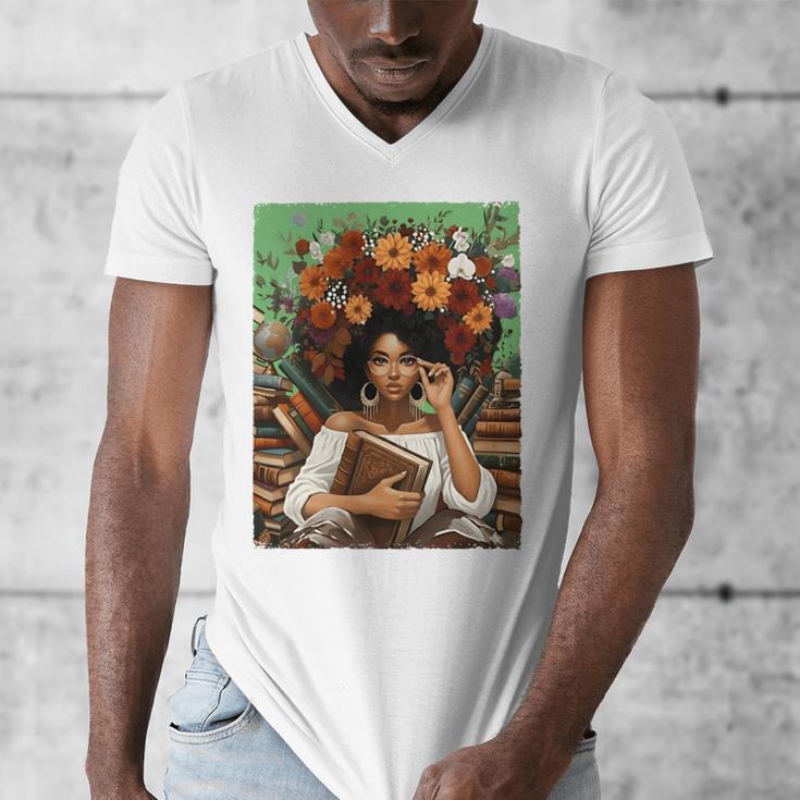 History Month Black Afro Girl Women Book Lovers Floral Men's V-Neck T-Shirt