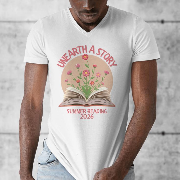 Unearth a Story 2026 Summer Reading Program Flowers Book Premium Tri-Blend Men's V-Neck T-Shirt