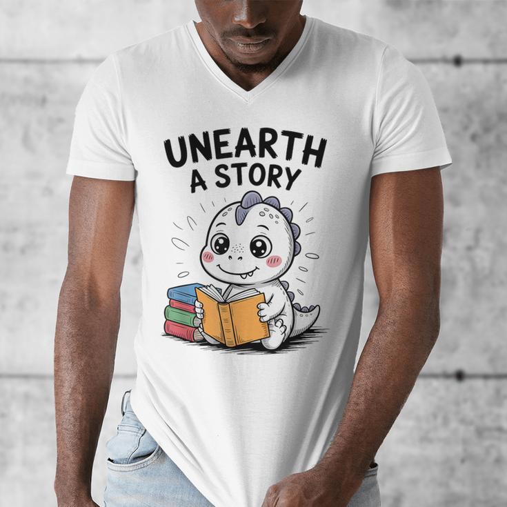 Unearth a Story Cute Dinosaur Summer Reading 2026 Dino Book Men's V-Neck T-Shirt Unearth a Story Cute Dinosaur Summer Reading 2026 Dino Book Men's V-Neck T-Shirt