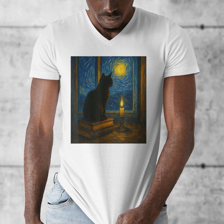Van Gogh Starry Night Art Cat And Book Lovers Men's V-Neck T-Shirt Van Gogh Starry Night Art Cat And Book Lovers Men's V-Neck T-Shirt