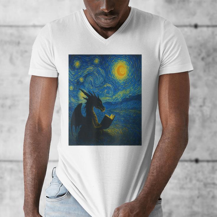 Van Gogh Starry Night Fantasy Reader Dragon Reading Book Men's V-Neck T-Shirt