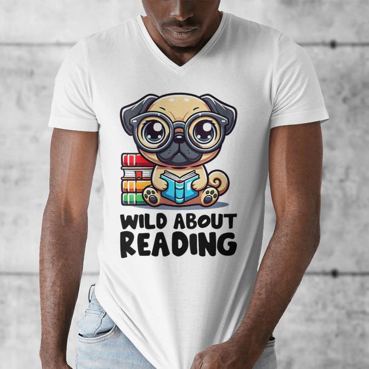 Wild About Reading Book Lover Pug Dog Men's V-Neck T-Shirt