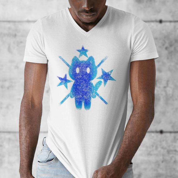 Yk2 Grunge Earthy Blue Cat With Stars Tomboy 90s Nostalgia Premium Tri-Blend Men's V-Neck T-Shirt