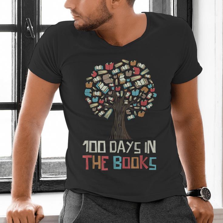 100 Days In The Books Tree Reading Teacher Student 100th Day Men's V-Neck T-Shirt 100 Days In The Books Tree Reading Teacher Student 100th Day Men's V-Neck T-Shirt
