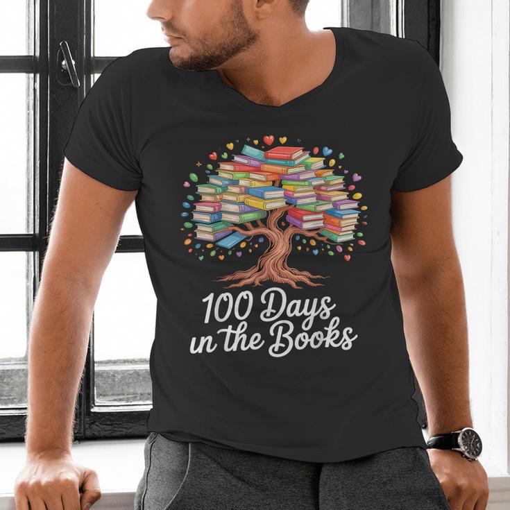 100th Day Of School Books Tree Reading Men's V-Neck T-Shirt