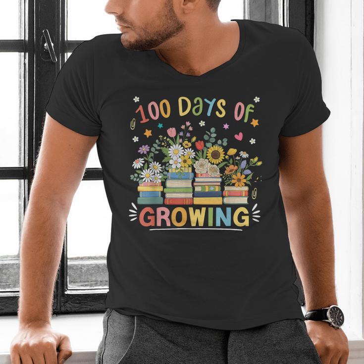 100th Day Of School Teacher Floral Books 100 Days Of Growing Men's V-Neck T-Shirt