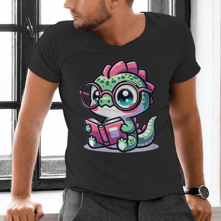 Adorable Book Lover Basilisk With Reading Glasses Cute Men's V-Neck T-Shirt