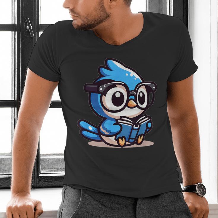Adorable Book Lover Blue Jay With Reading Glasses Cute Men's V-Neck T-Shirt