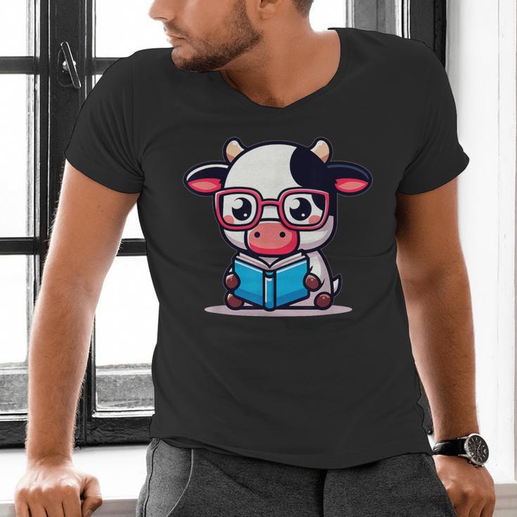 Adorable Book Lover Cow With Reading Glasses Cute Men's V-Neck T-Shirt