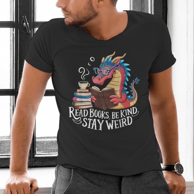 Adorable Book Lover Dragon Read Books Be Kind Stay Weird Men's V-Neck T-Shirt