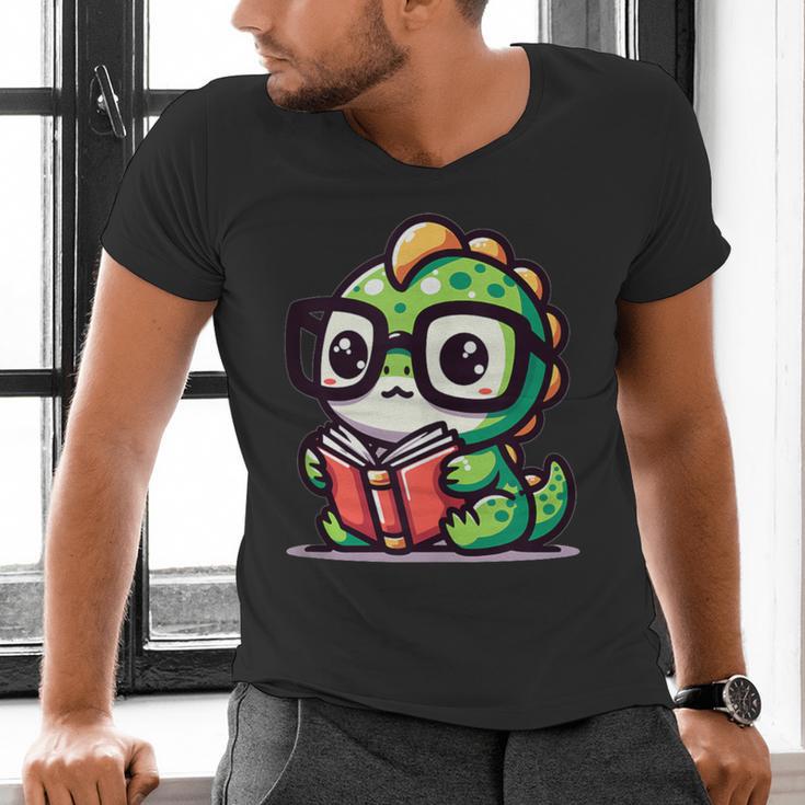 Adorable Book Lover Iguana With Reading Glasses Cute Men's V-Neck T-Shirt