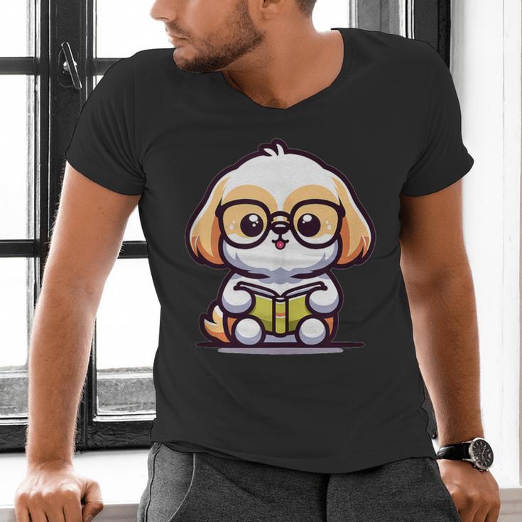 Adorable Book Lover Shih Tzu With Reading Glasses Cute Men's V-Neck T-Shirt