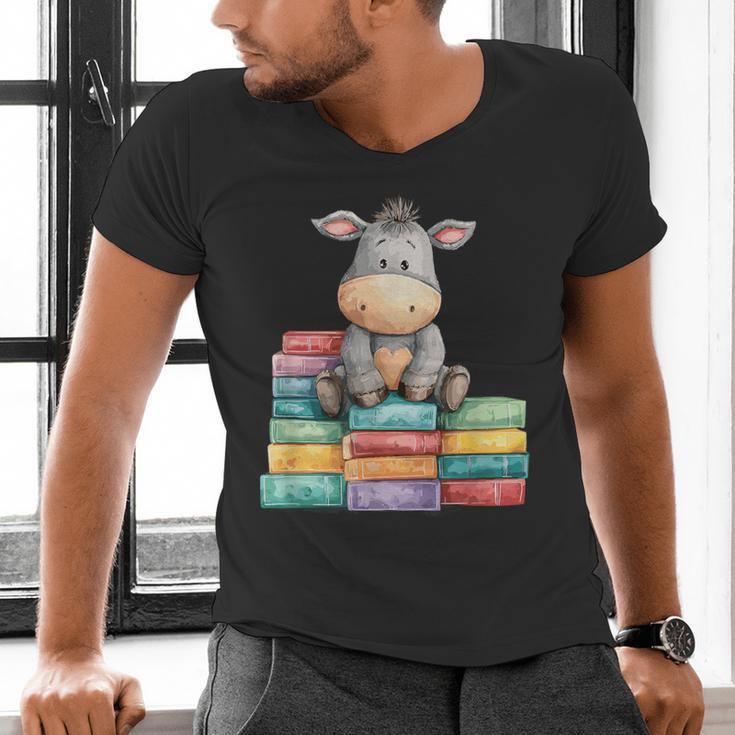 Adorable Donkey With Heart Sitting On Colorful Book Stack Men's V-Neck T-Shirt