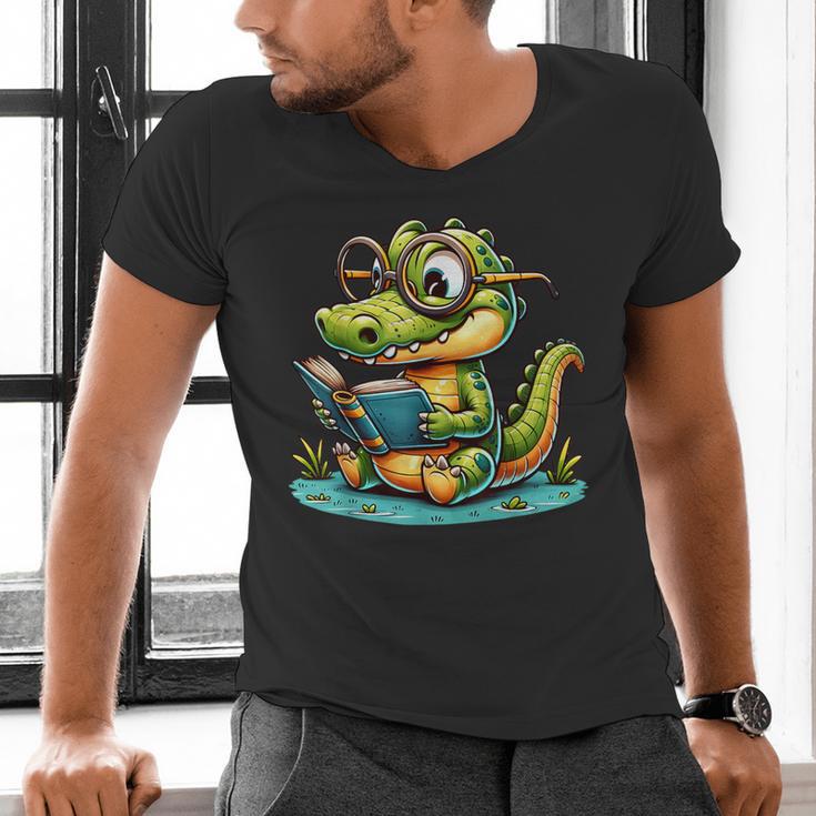 Alligator Reading a Book Animal Men's V-Neck T-Shirt Alligator Reading a Book Animal Men's V-Neck T-Shirt