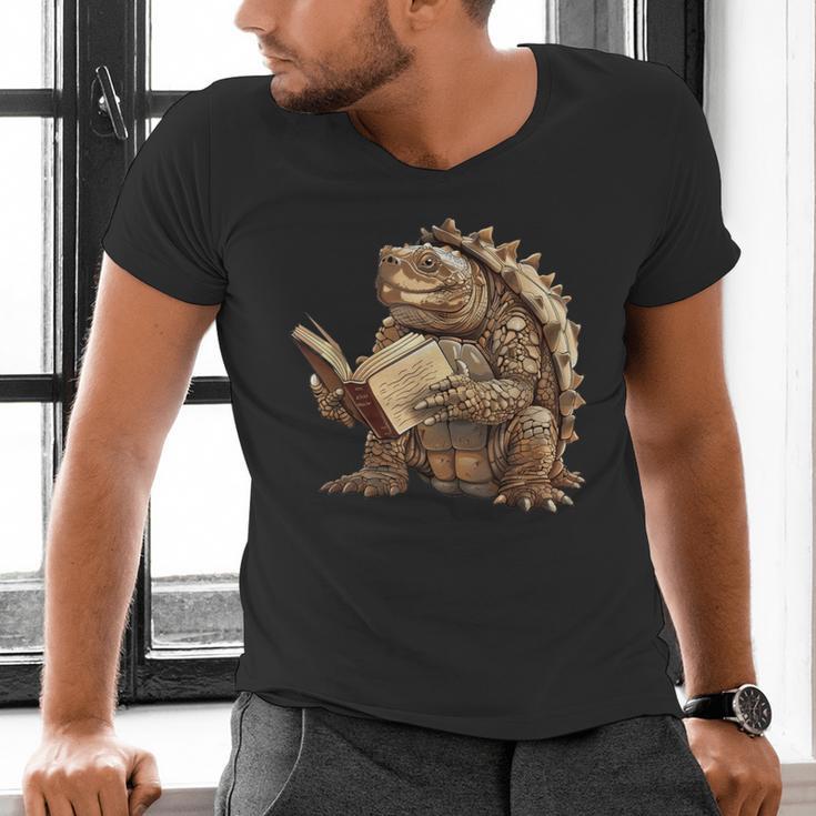 Alligator Snapping Turtle Reading A Book Men's V-Neck T-Shirt Alligator Snapping Turtle Reading A Book Men's V-Neck T-Shirt