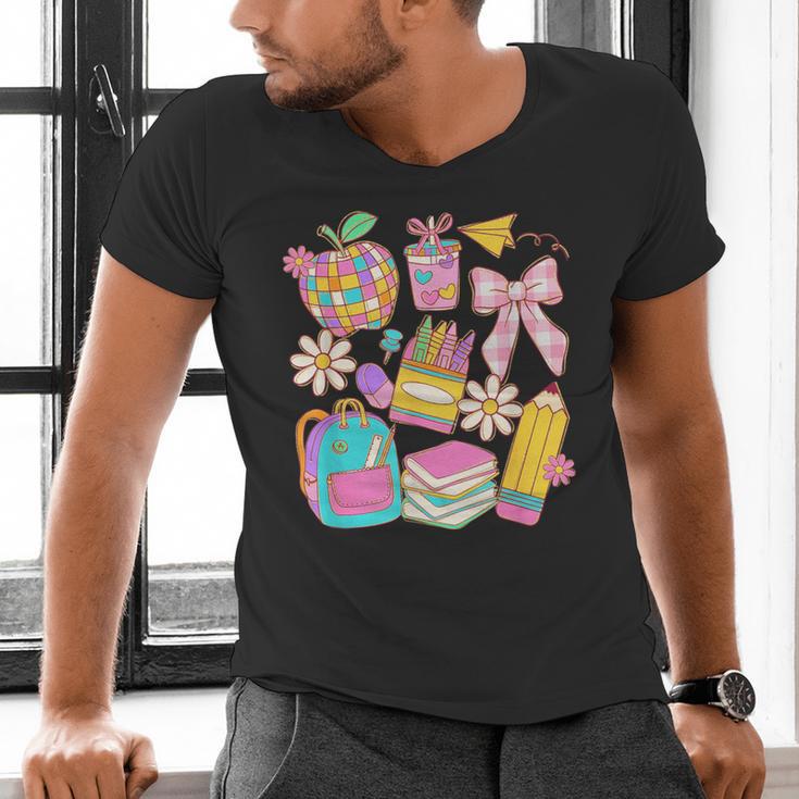 Apple Disco Pencil Books Bow Teacher Student Back To School Men's V-Neck T-Shirt