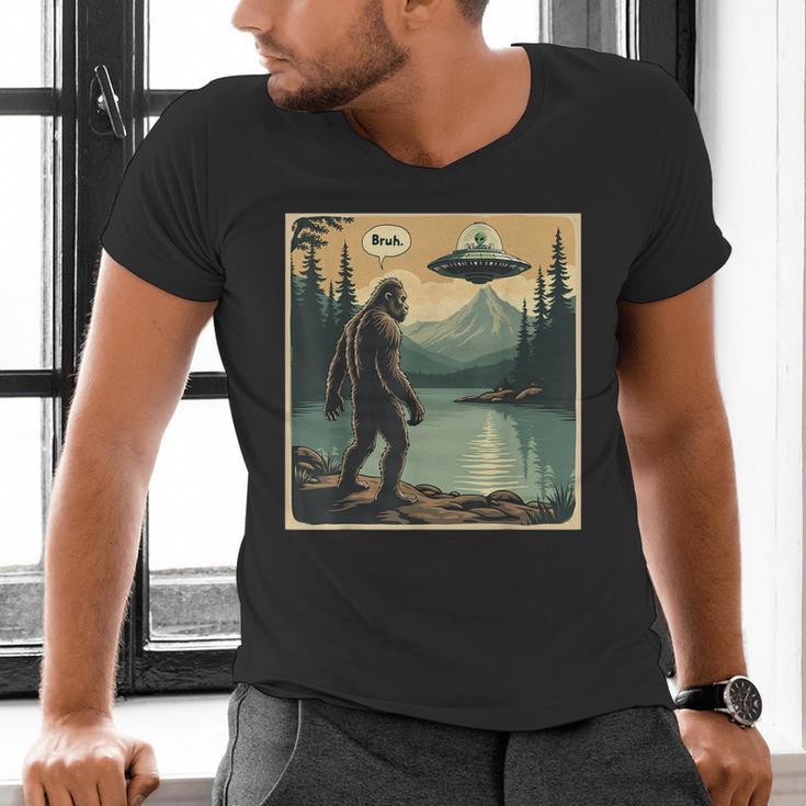 Bigfoot Sasquatch Alien Spaceship UFO Introvert Bruh Men's V-Neck T-Shirt Bigfoot Sasquatch Alien Spaceship UFO Introvert Bruh Men's V-Neck T-Shirt
