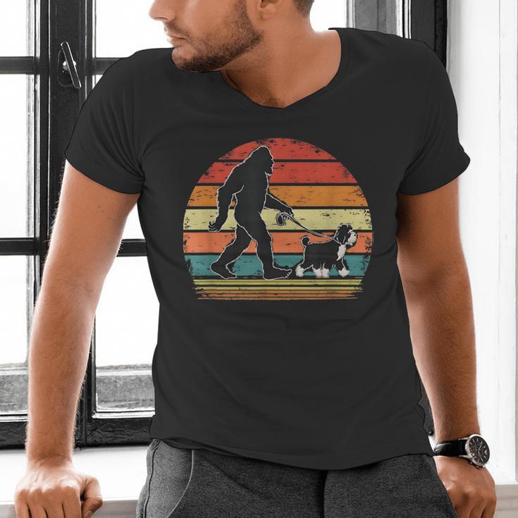 Bigfoot Walking a Dog Bernedoodle Dog Dad Men's V-Neck T-Shirt