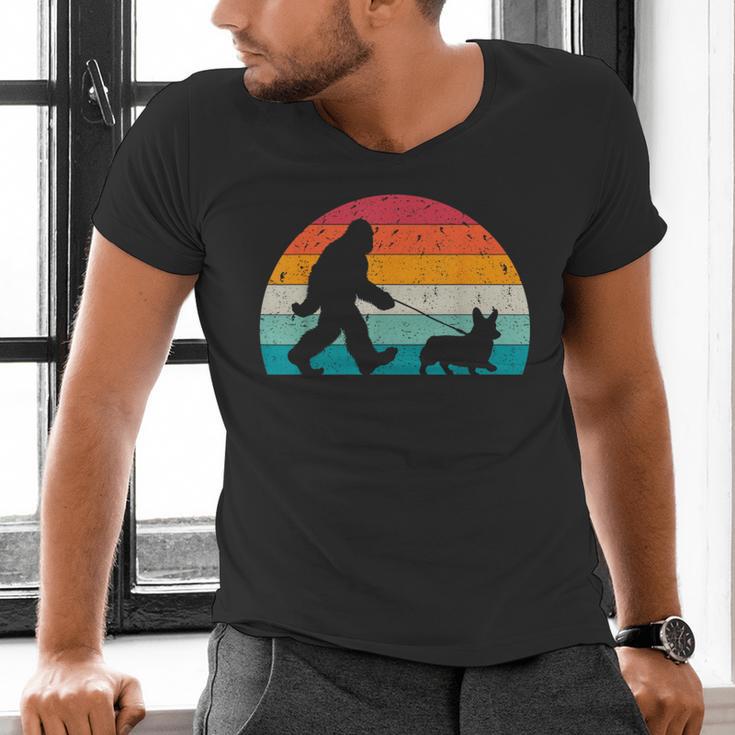 Bigfoot Walking a Dog Corgi Lovers Dog Dad Men's V-Neck T-Shirt