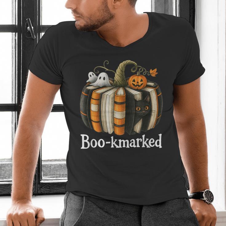 Boo-Kmarked Fall Pumpkin Books Halloween Teacher Teaching Men's V-Neck T-Shirt