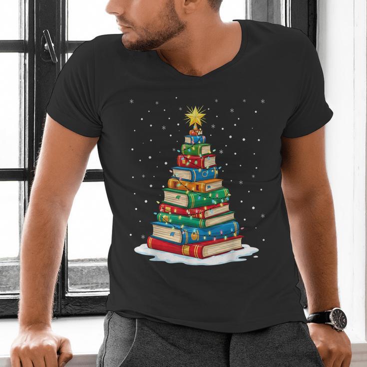 Book Christmas Tree Xmas Lights Book Lover Teacher Librarian Men's V-Neck T-Shirt